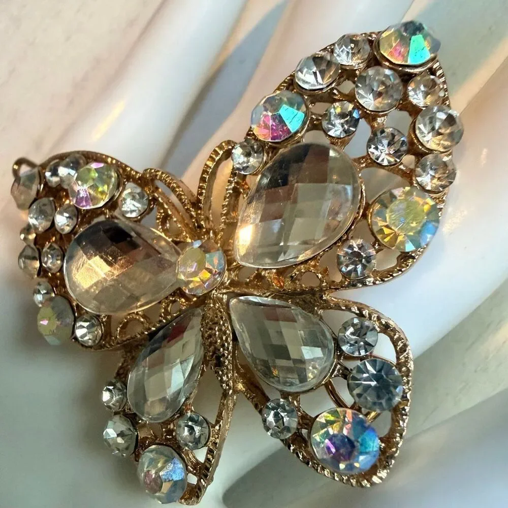 Vintage Gold Tone Rhinestone Butterfly Hair Barrette